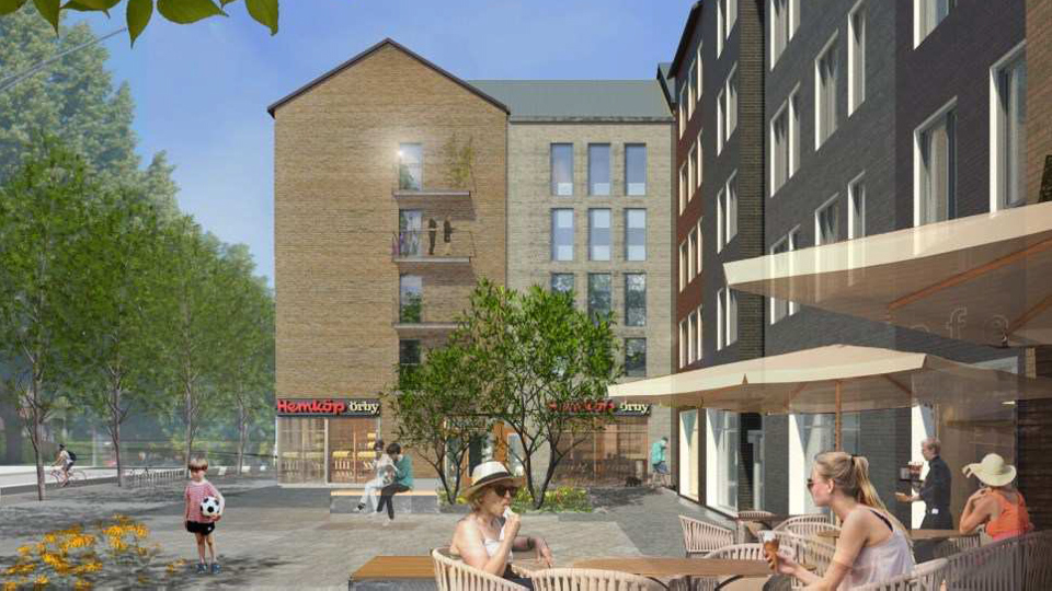 Levande torg i centrum, människor fikar och barn leker. Träd längs gatan intill, illustration.